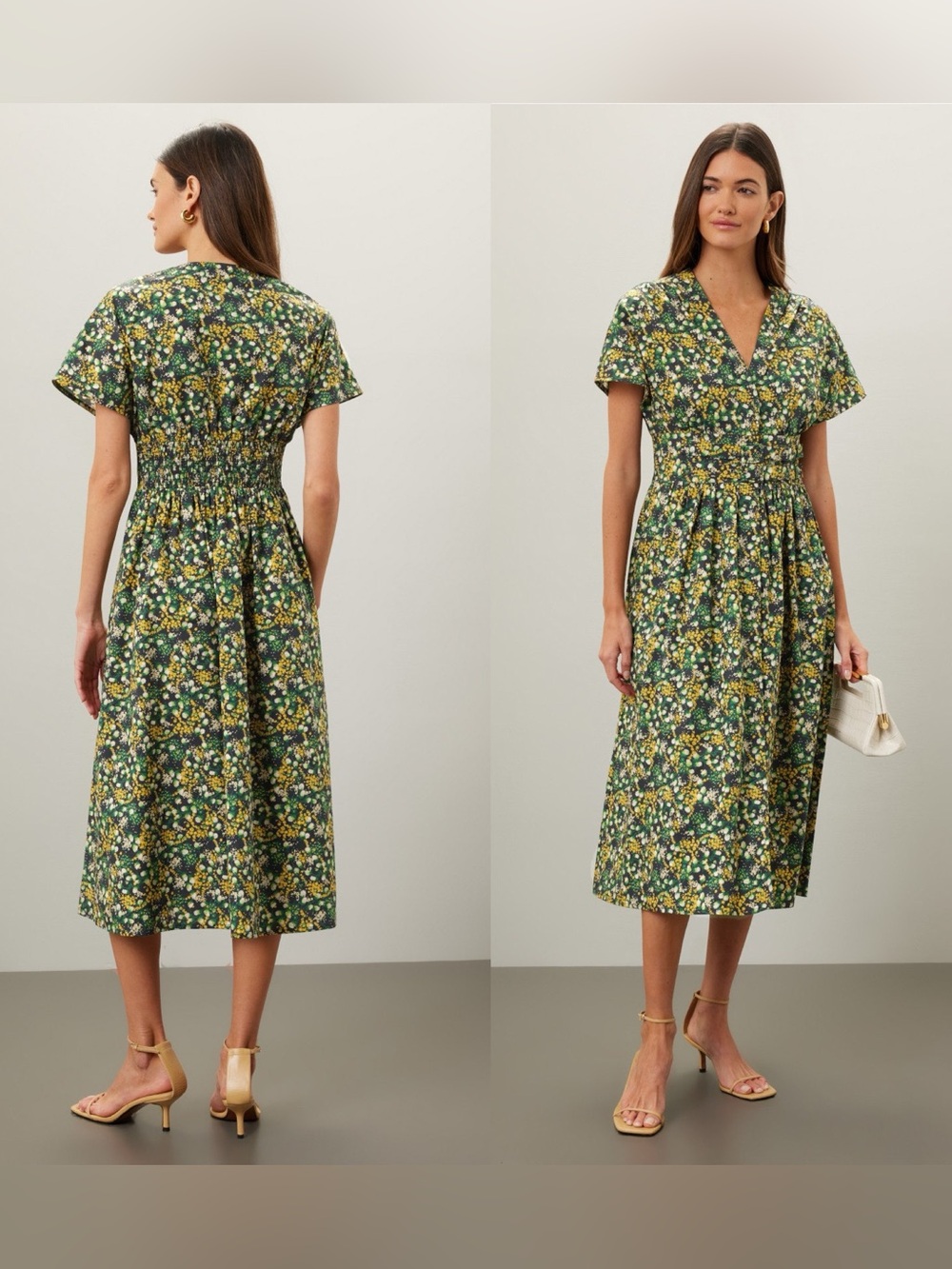 LK Bennett London Floral‎ Cotton Midi Dress Green V Neck Short Sleeve Tea Dress